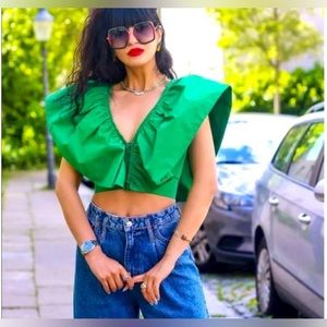 Zara frilled poplin top green